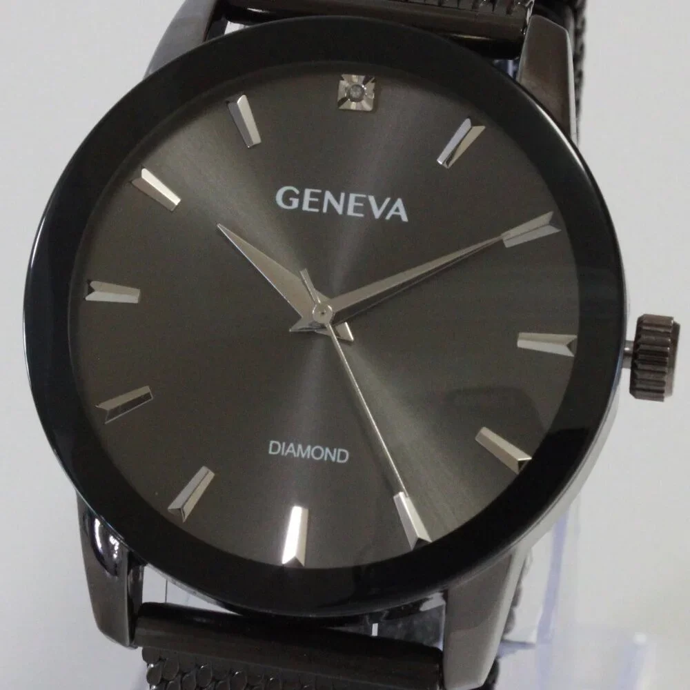 Geneva Men's Dress Watch Gun Metal Finish Diamond At 12 Milanese Bracelet 42mm